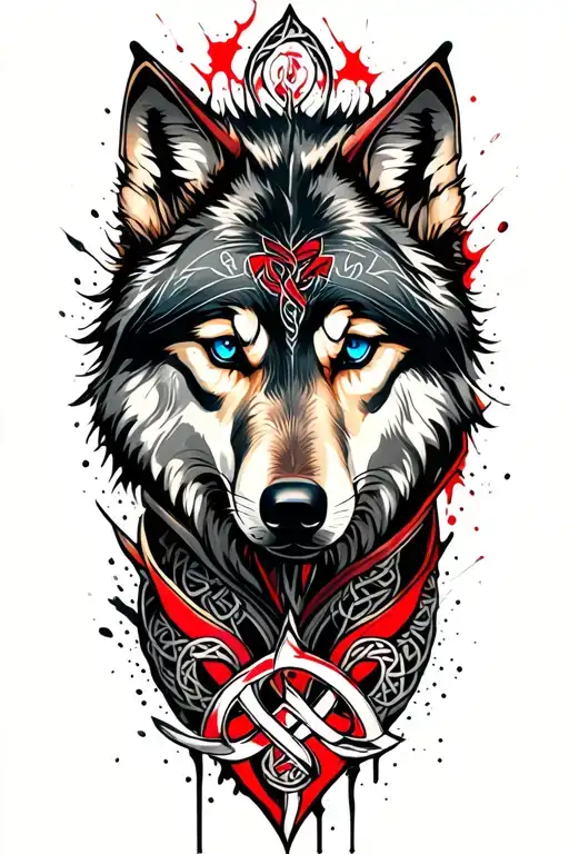 wolf with blue eyes on armor tattoo design featuring Celtic trinity knot  tattoo design idea
