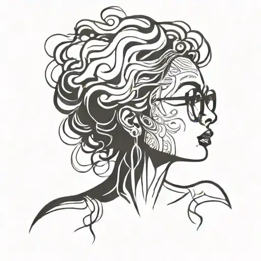 a VERY simple silhouette tattoo outline of a ladys face with shoulder length perm and glasses tattoo design idea