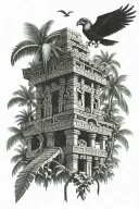 mayan temple in banana tree forest with quetzal bird as the man show peice tattoo design idea