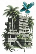 mayan temple in banana tree forest with quetzal bird as the man show peice tattoo design idea