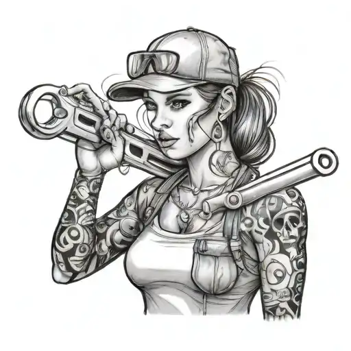 realistic portrait of a female mechanic with tattoos and holding a wrench  tattoo design idea