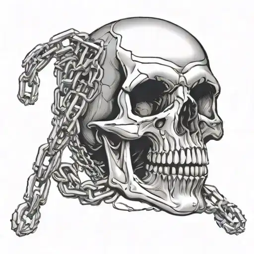a skull with a chain running through its head, dark, creepy tattoo design idea