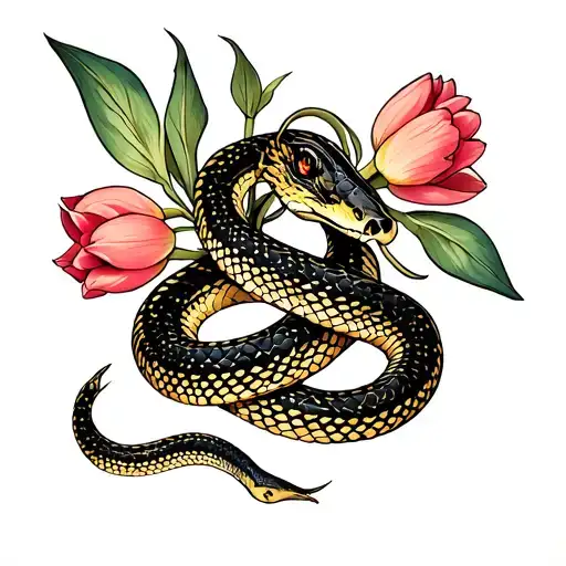 cancer constellation tulips and snake wrapped coming tattoo design idea