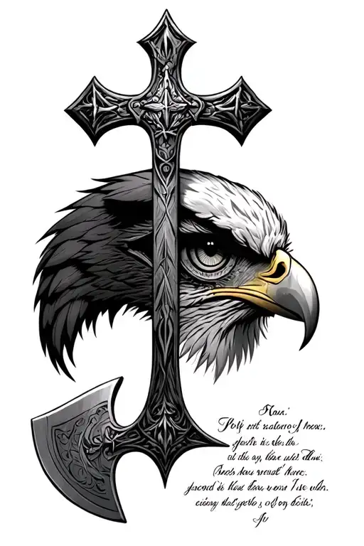 Incorporate a cross, at crown, a Viking axe, an eagle eye and a bible verse tattoo design idea