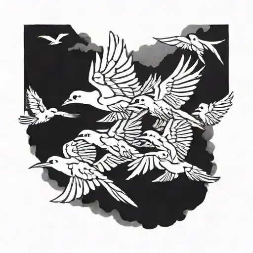 A blackwork tattoo of a flock of birds in flight, representing freedom and adventure tattoo design idea