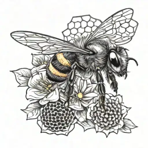 a bee perched on a flower with honeycombs in the background on the hip tattoo design idea