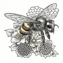 a bee perched on a flower with honeycombs in the background on the hip tattoo design idea