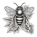 a bee perched on a flower with honeycombs in the background on the hip tattoo design idea