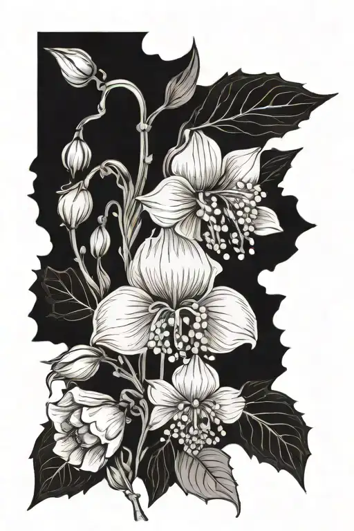 Violet and Lilly of the valley and poppy and Holly berry  tattoo design idea