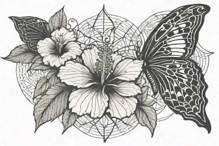 half butterfly hibiscus solar pendulum in background tattoo design idea