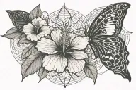 half butterfly hibiscus solar pendulum in background tattoo design idea