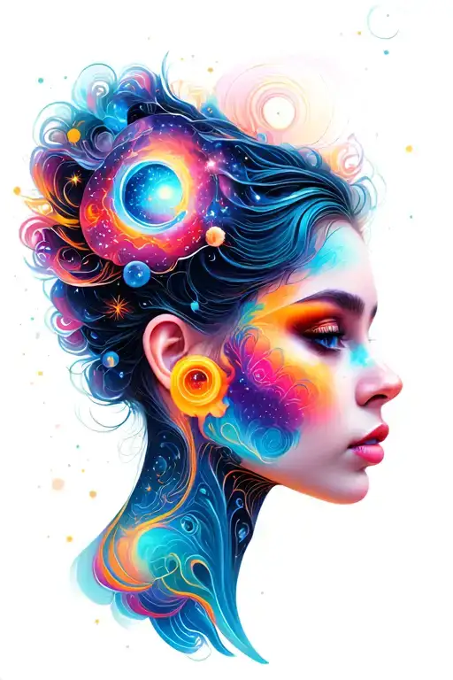 a color surreal female profile in the upper left, laid out over a universe background, with translucent colored shapes tattoo design idea