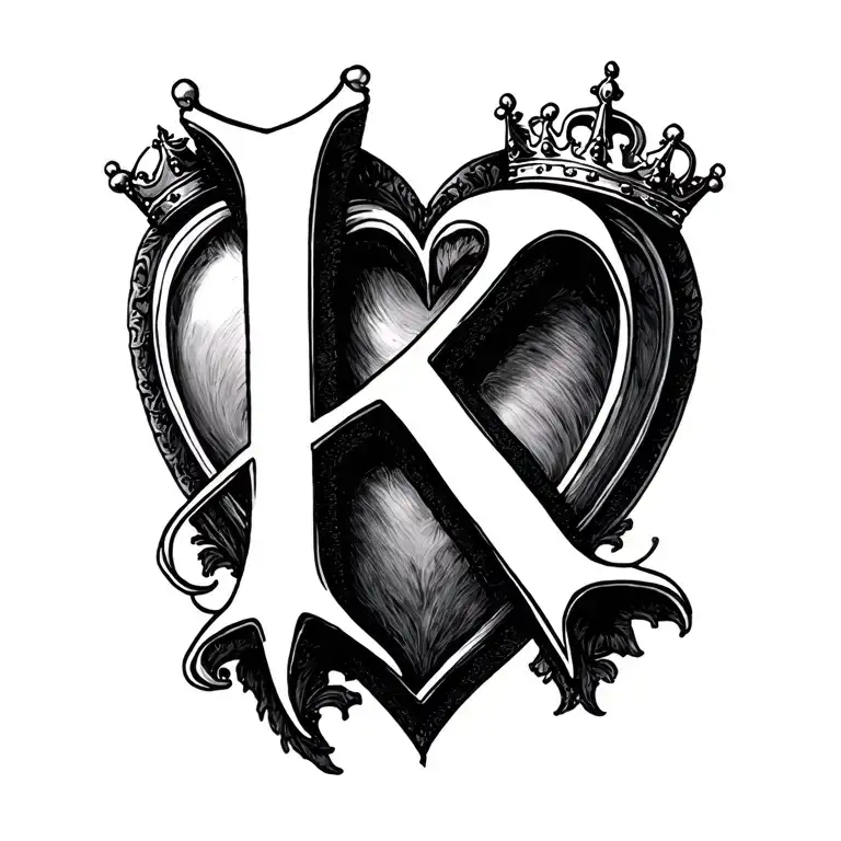 small 1"x1/2" detailed calligraphy letter k inside a heart with a crown tattoo design idea
