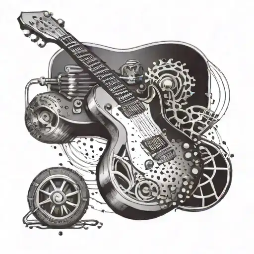 A tattoo design of a guitar with wheels, symbolizing the client's love for music and cars tattoo design idea