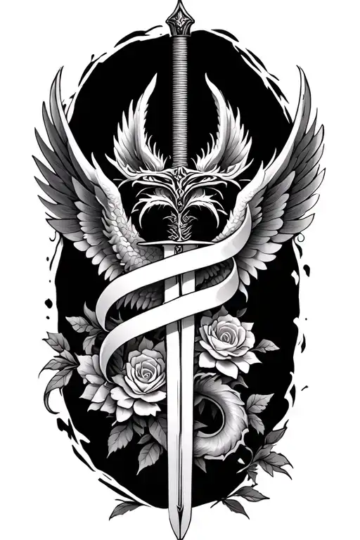 sword with winged dragon wrapped around floral tattoo design idea
