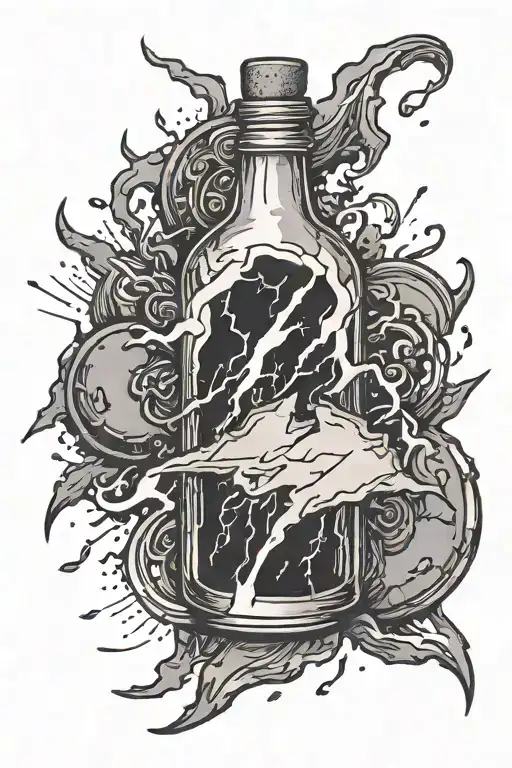 lightning bolt striking a bottle on its side with a broken heart in it tattoo design idea