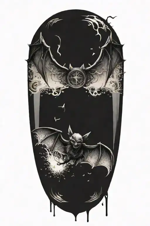A big bat wrapping an hour glass with the sand of time. Chaotic and morbid background. Terror and dread. tattoo design idea