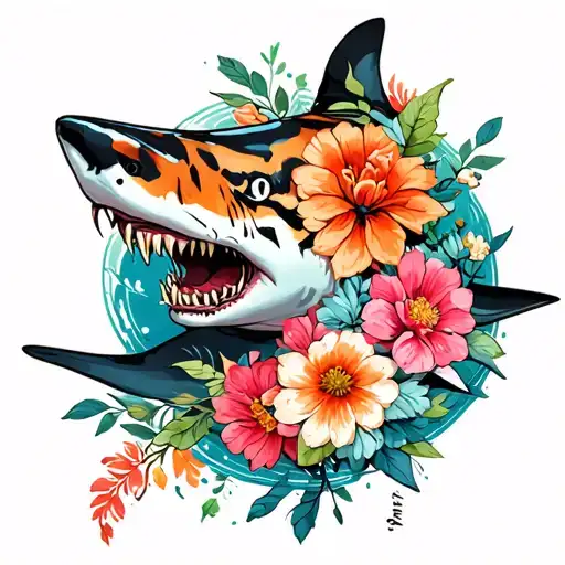 tiger shark with flowers wrapped tattoo design idea