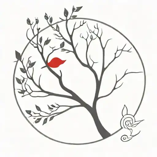 Can you draw me a tattoo of a stamp. In the inside on the left is a tree with a red scarf hanging from a limb. Next to i tattoo design idea
