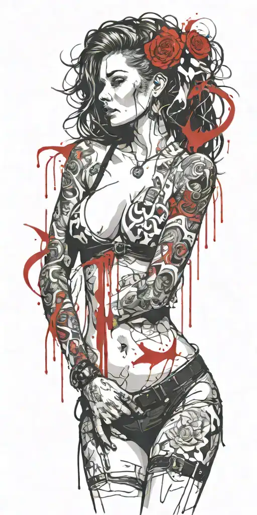 Sexy Pale Girl,petite, big boobs, wide hips, G-String. Messy hair, full nude , sexual. Seductive smile. Full Body tattoo design idea