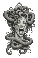 crying Medusa head with snake covering her open screaming mouth tattoo design idea