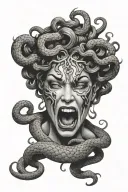crying Medusa head with snake covering her open screaming mouth tattoo design idea