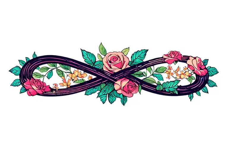 Fine line infinite sign with small beautiful flowers and roses in the background tattoo design idea
