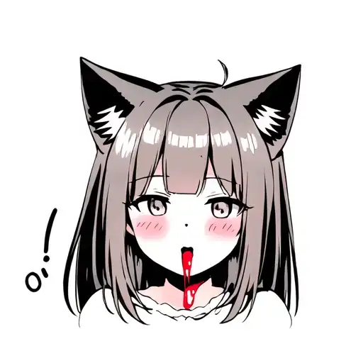 girl with cat ears and with long hair looking forward with ahegao face. she is blushing some drool dripping down tongue tattoo design idea