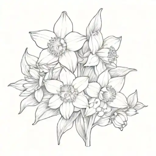 holly and narcissus and daisy and sweet pea flowers tattoo design idea