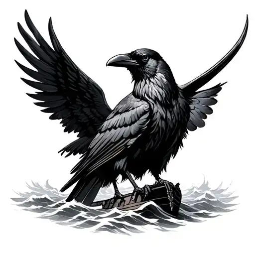 crow with wing turning it a viking ship sailing tattoo design idea