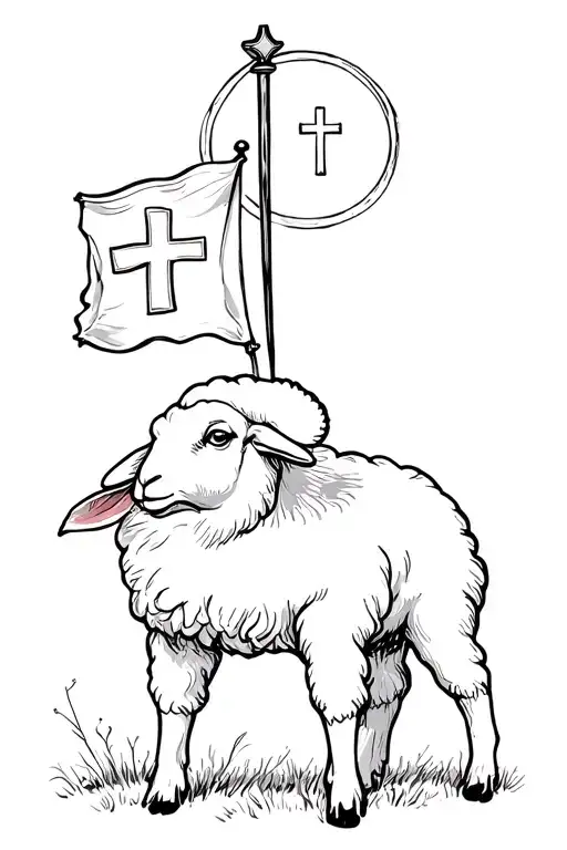 A Christian Lamb of God symbol: A gentle lamb with a halo above its head, holding a flag with a cross on it. The lamb is tattoo design idea