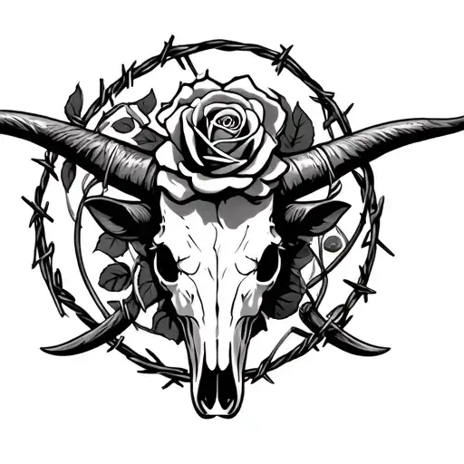 Longhorn bull skull a rose center forehead with barbed wire around horns tattoo design idea
