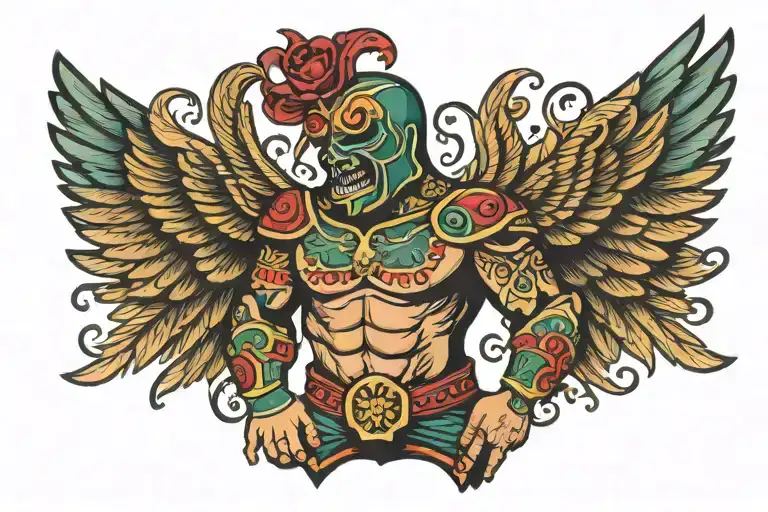 luchador with cross and eagle wings spread wide tattoo design idea
