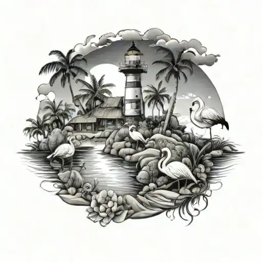 paradise,  with flamingos, huts, lighthouse,  turtles, corals tattoo design idea