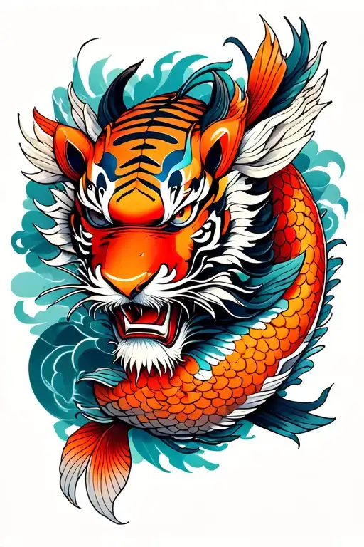 Japanese Dragon, Koi Fish, Tiger, Hanya Mask tattoo design idea