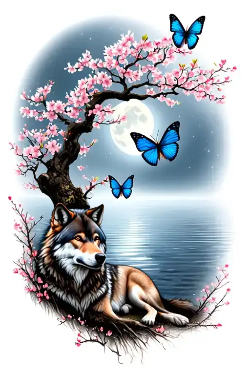 Cherry blossom tree with 3 blue butterflies on it. A wolf laying under the tree. The backdrop is a moon over a lake. tattoo design idea
