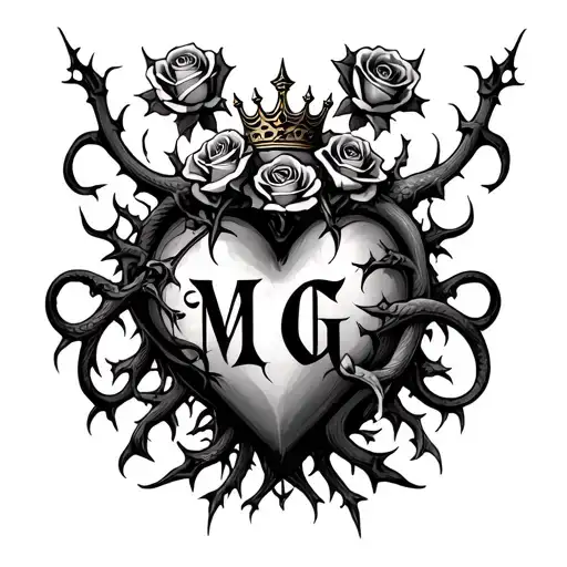 "M G" Gothic-style heart entangled with thorns, topped with a crown, four roses, and two angry snakes with Gothic-style letter tattoo design idea