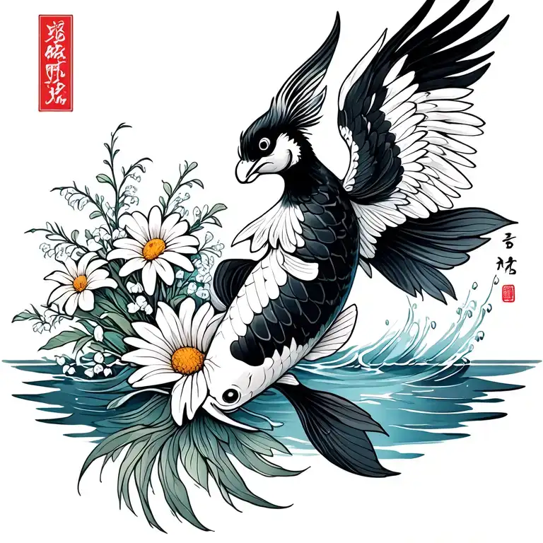 jumping Up out of water black white koi with phoenix wings, bouquet with an aster, a daisy, a lily of the valley tattoo design idea