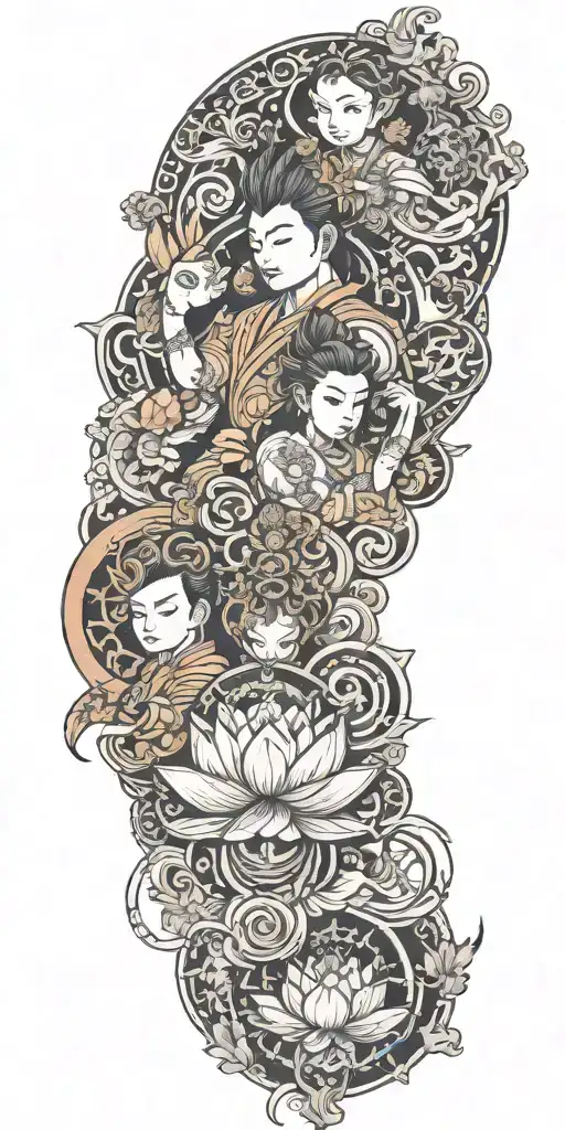 anime characters representing Dad, Mom and daughter and Buddhist symbols like lotus, koi and mandala tattoo design idea