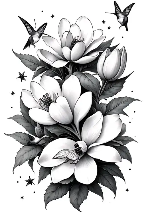 white magnolia flowers with small hummingbirds and butterflies with stars and bees tattoo design idea