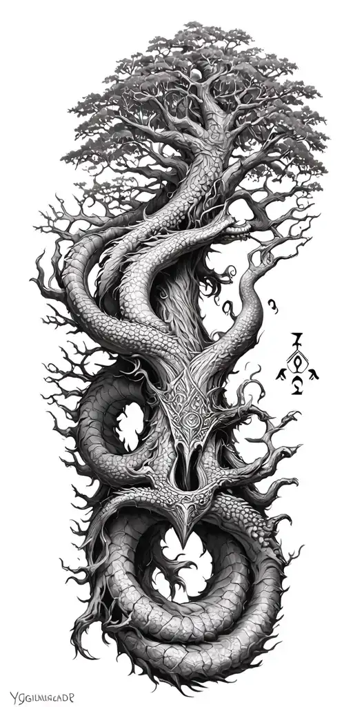 yggdrasil with jormungandr tree norse runes tattoo design idea