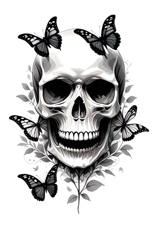 skull with butterflies fluttering tattoo design idea