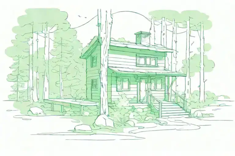 small green rectangular cabin in the woods tattoo design idea