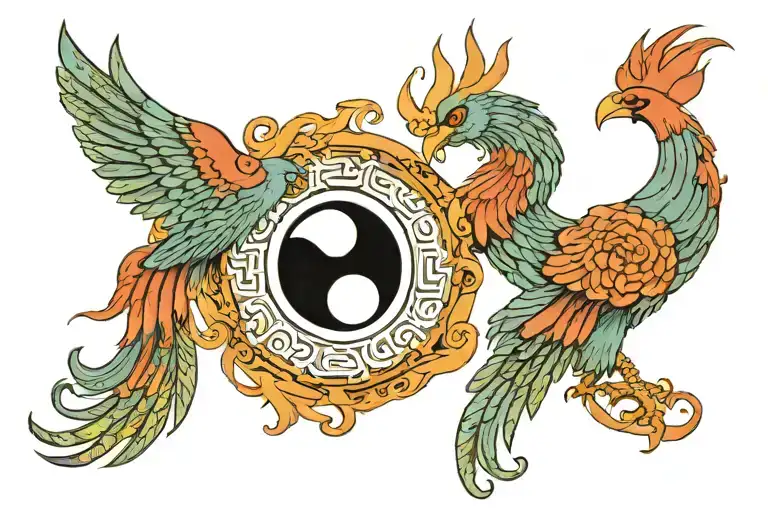 2 phoenixes facing each other with half of the Yin Yang in each and 7 chakras lined between them  tattoo design idea