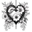 rosary heart with the flowers aster, poppy, lilly of the valley, and marigold in the heart tattoo design idea