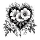 rosary heart with the flowers aster, poppy, lilly of the valley, and marigold in the heart tattoo design idea