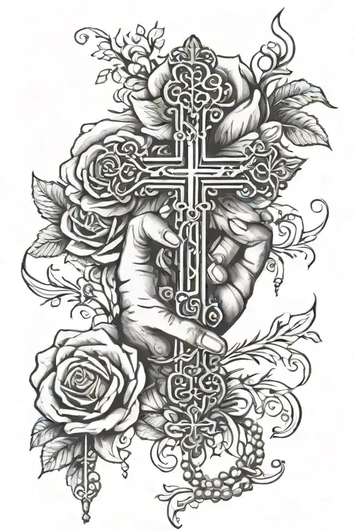 Make a tattoo to go on my forearm of prayer hands with a cross on a bead chain through the fingers, a flower of some sor tattoo design idea