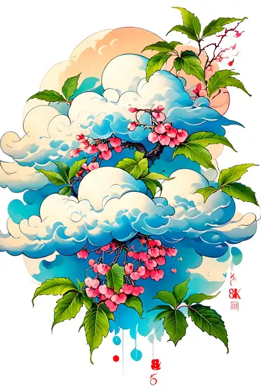 Cloud Japanese Leafs Cherry tattoo design idea
