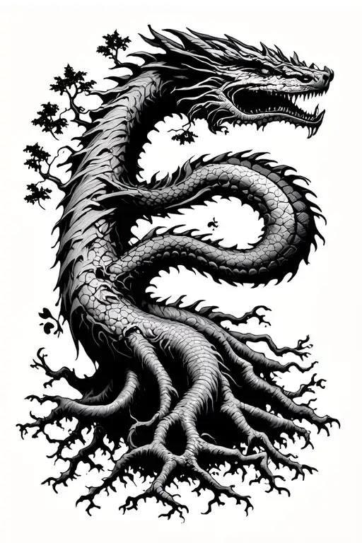 starting at the wrist: tree roots in to a tree. dragon, virgo, hermetics, number 5 tattoo design idea