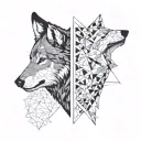 a two wolf's heads one angry black second white quiet looking at each other tattoo design idea